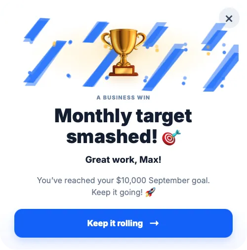 Trackexa win pop-up: Monthly target smashed! You've reached your $10,000 September goal